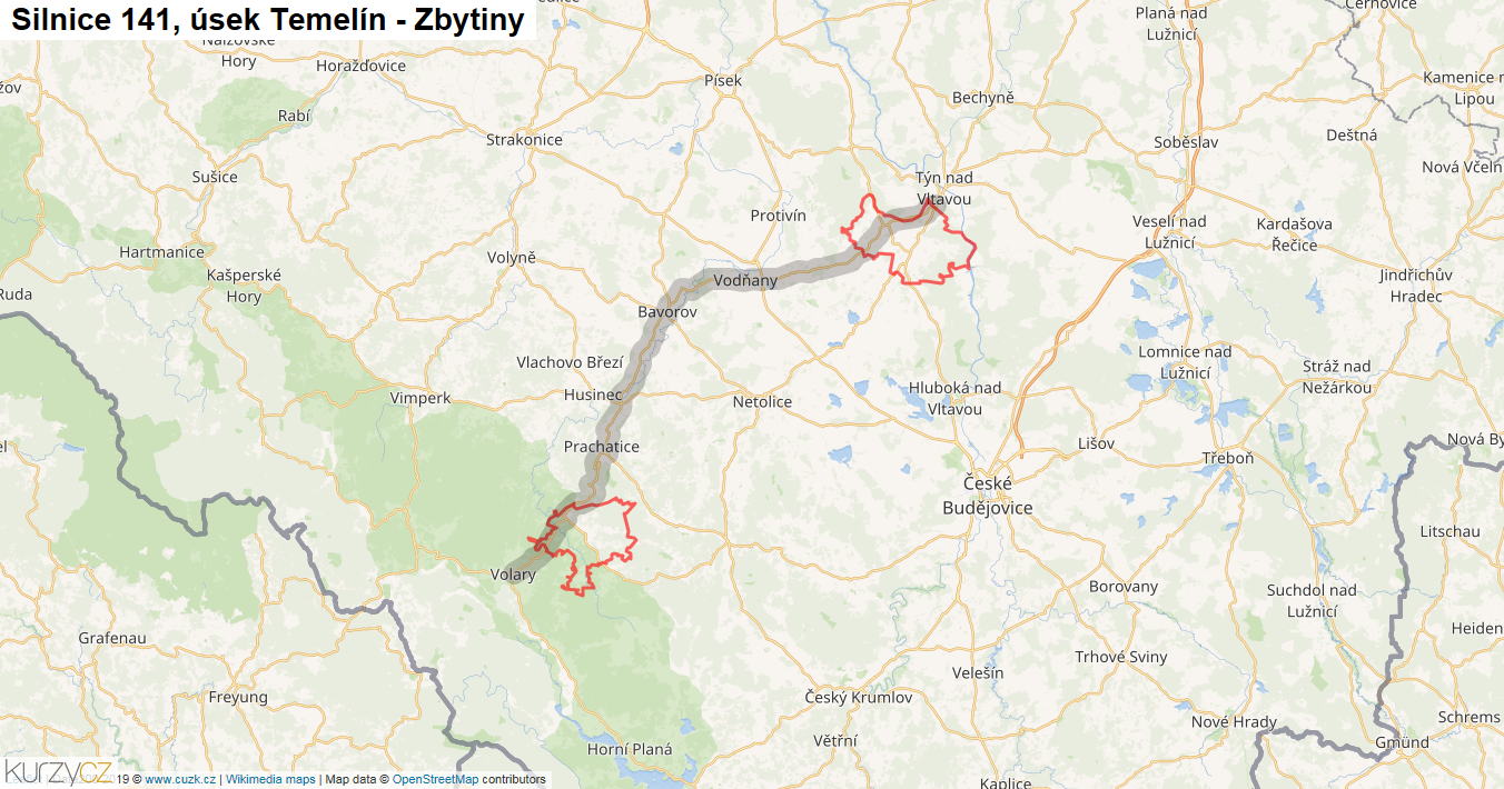 Úsek Temelín - Zbytiny, Silnice 141 - Mapa