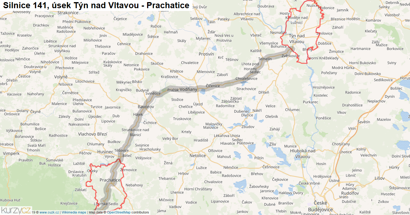 Úsek Týn nad Vltavou - Prachatice, Silnice 141 - Mapa
