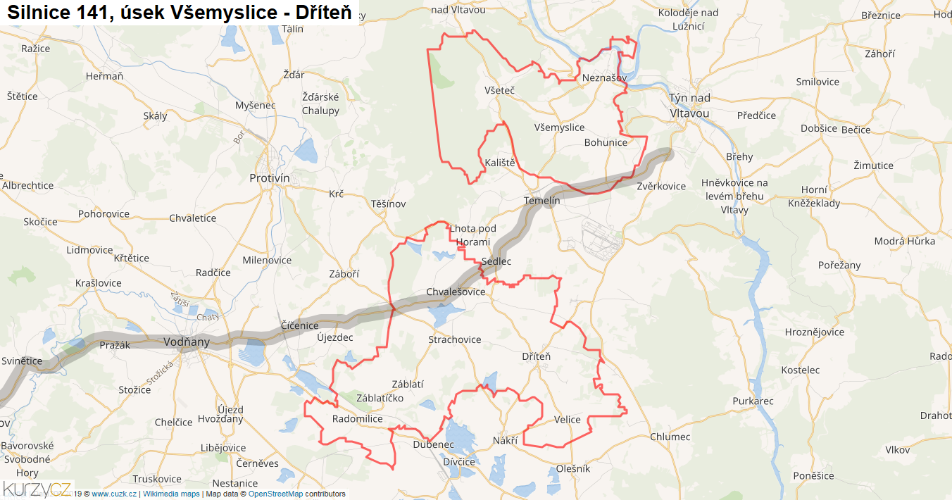 Úsek Všemyslice - Dříteň, Silnice 141 - Mapa