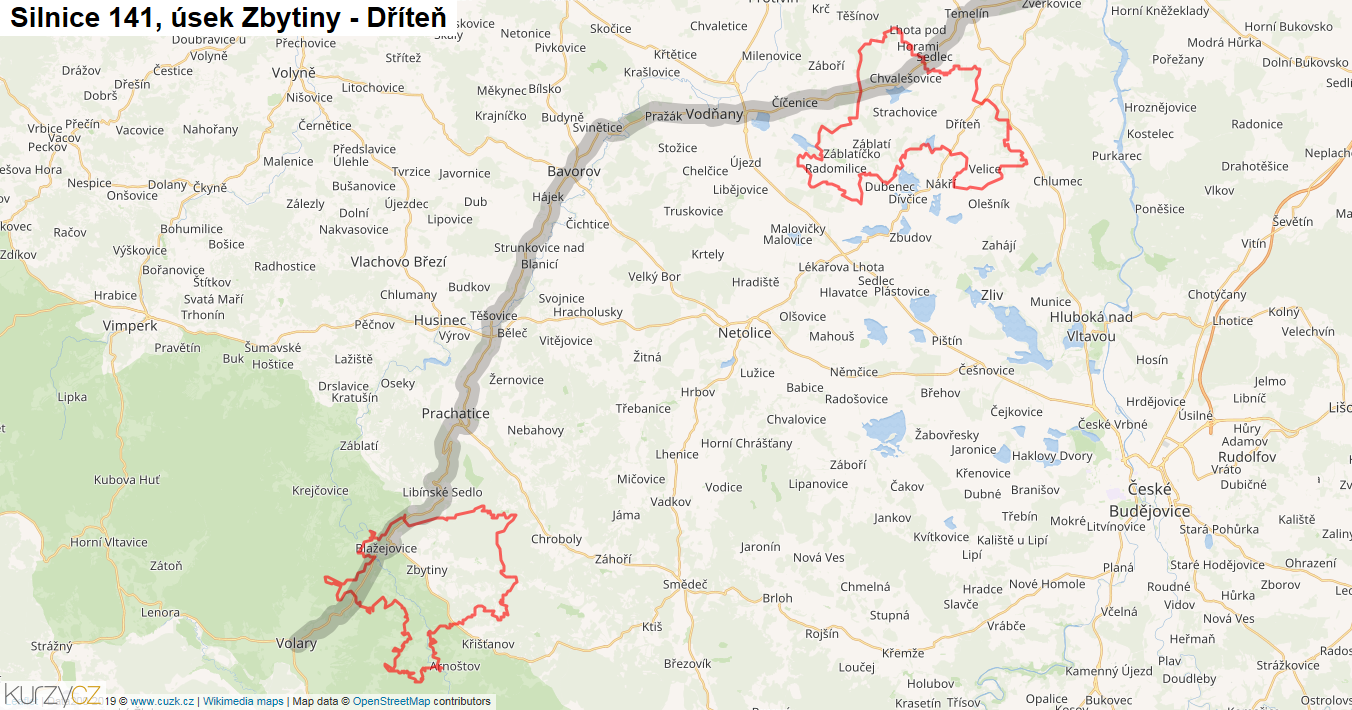 Úsek Zbytiny - Dříteň, Silnice 141 - Mapa