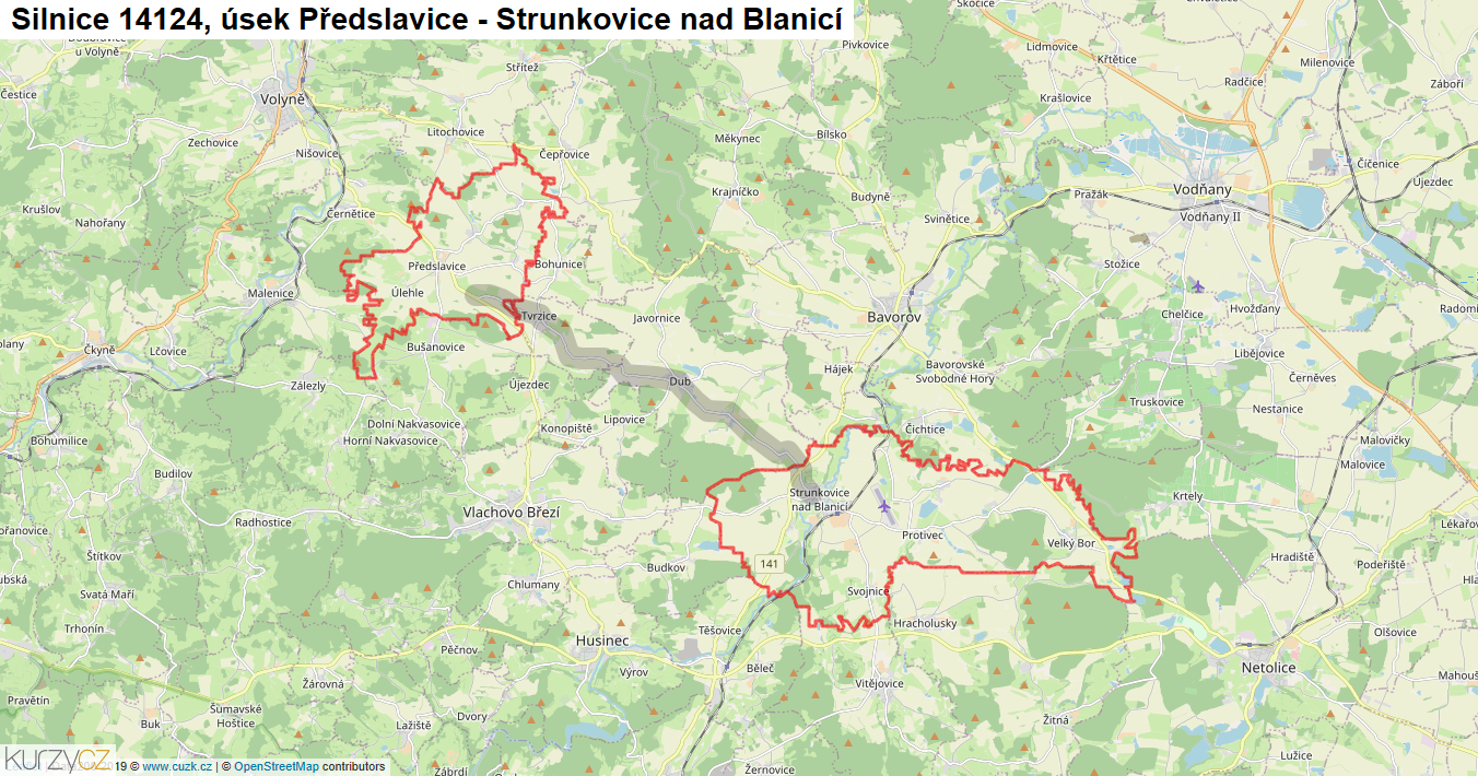 Úsek Předslavice - Strunkovice nad Blanicí, Silnice 14124 - Mapa