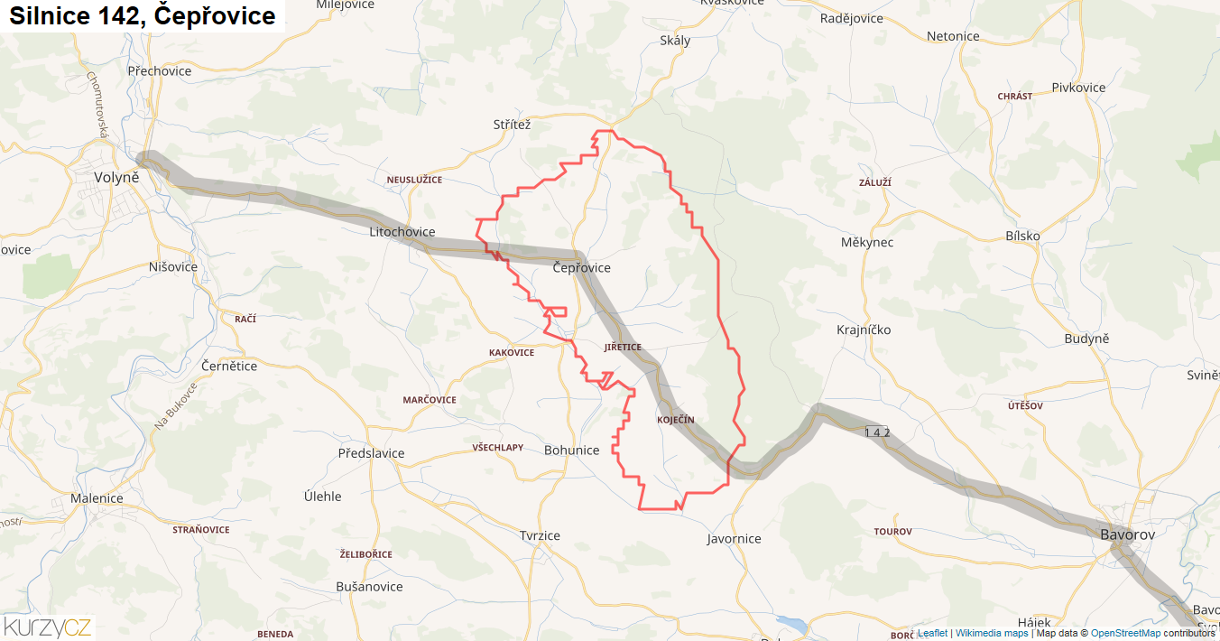 Čepřovice, Silnice 142 - Mapa