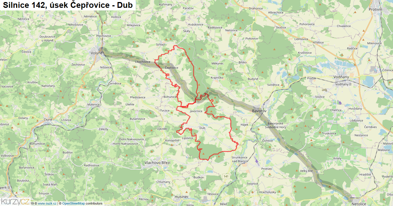 Úsek Čepřovice - Dub, Silnice 142 - Mapa