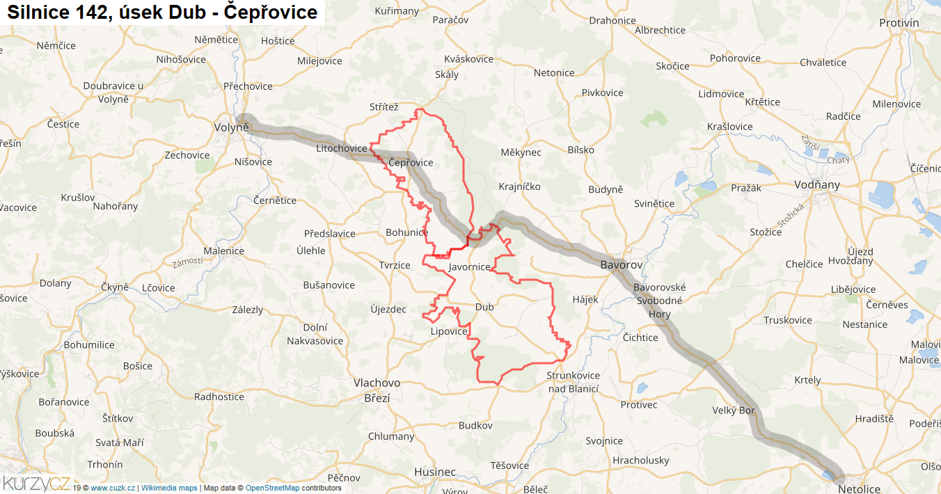 Úsek Dub - Čepřovice, Silnice 142 - Mapa