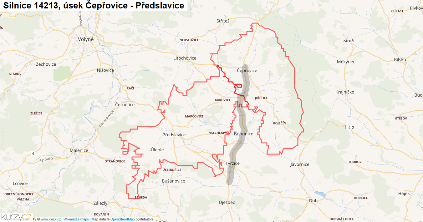 Úsek Čepřovice - Předslavice, Silnice 14213 - Mapa