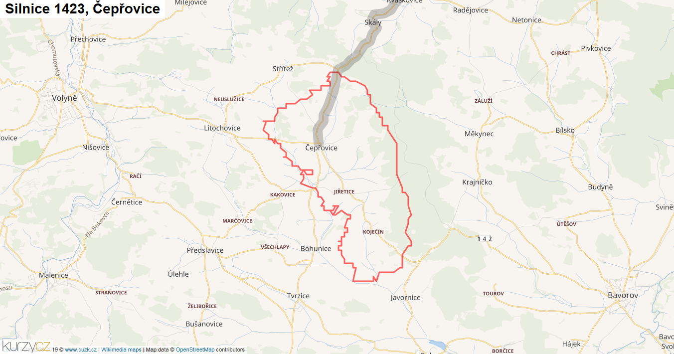 Čepřovice, Silnice 1423 - Mapa