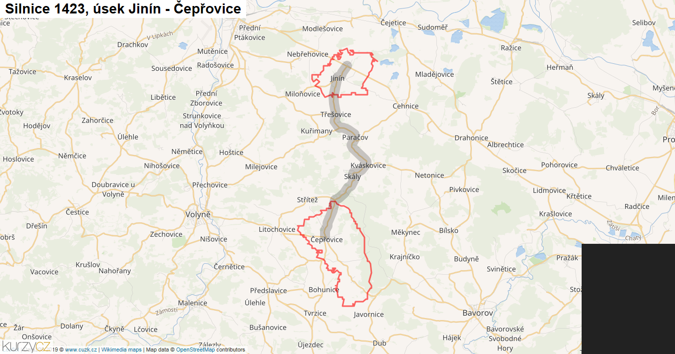 Úsek Jinín - Čepřovice, Silnice 1423 - Mapa