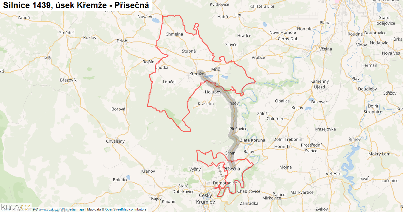 Úsek Křemže - Přísečná, Silnice 1439 - Mapa
