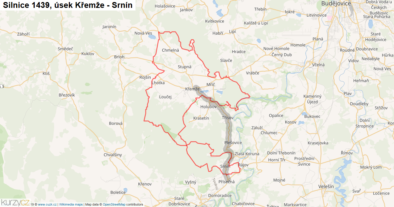 Úsek Křemže - Srnín, Silnice 1439 - Mapa