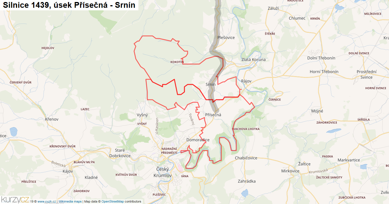 Úsek Přísečná - Srnín, Silnice 1439 - Mapa
