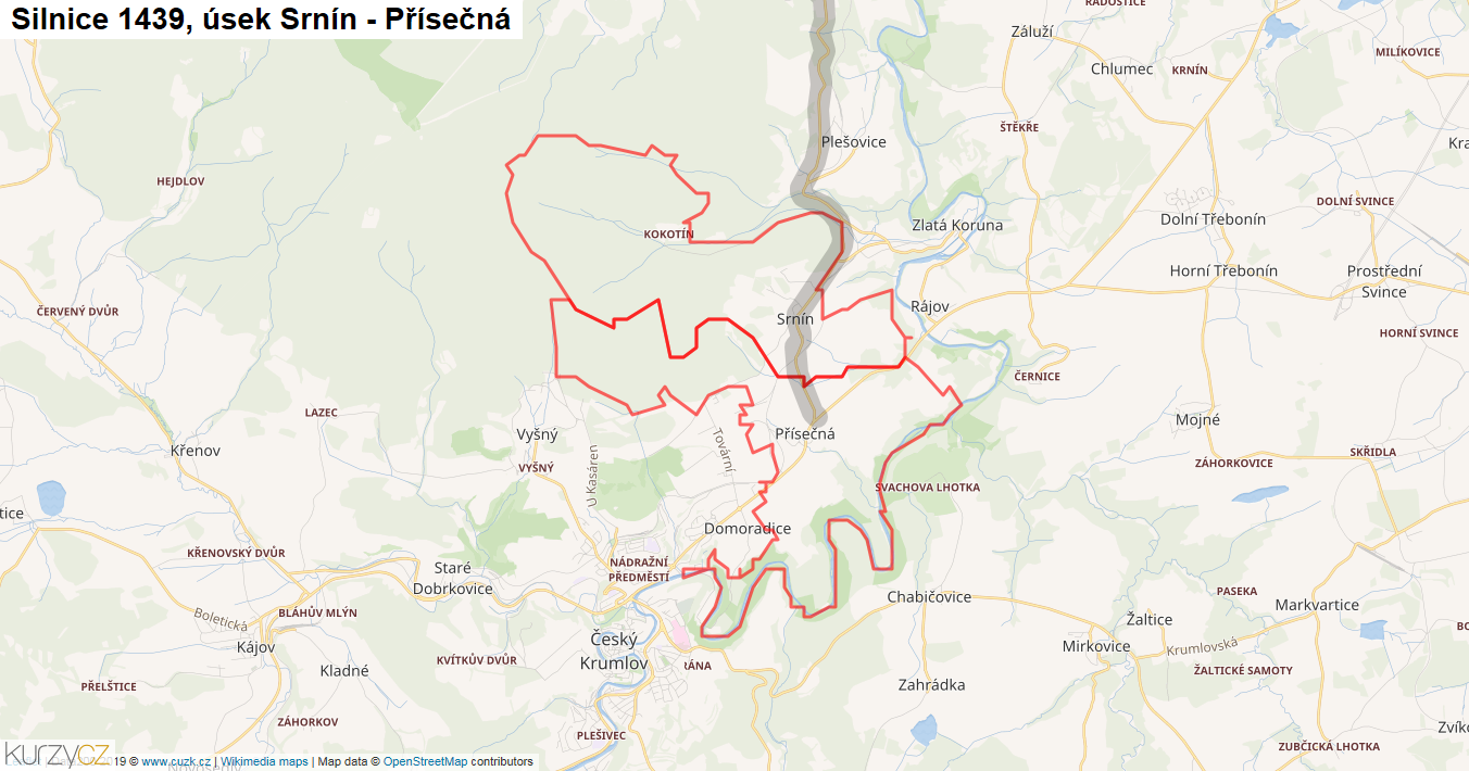 Úsek Srnín - Přísečná, Silnice 1439 - Mapa