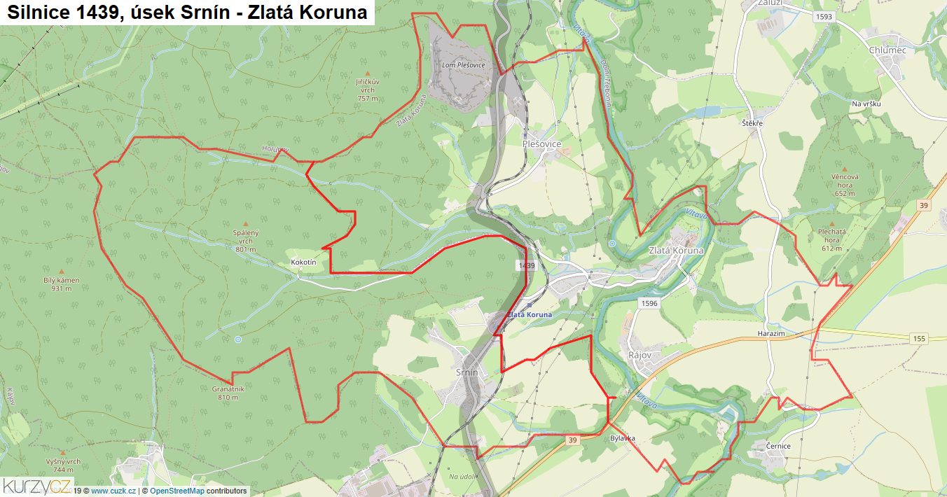 Úsek Srnín - Zlatá Koruna, Silnice 1439 - Mapa
