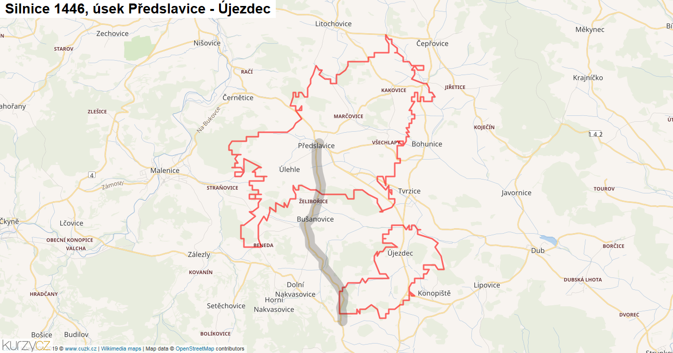Úsek Předslavice - Újezdec, Silnice 1446 - Mapa