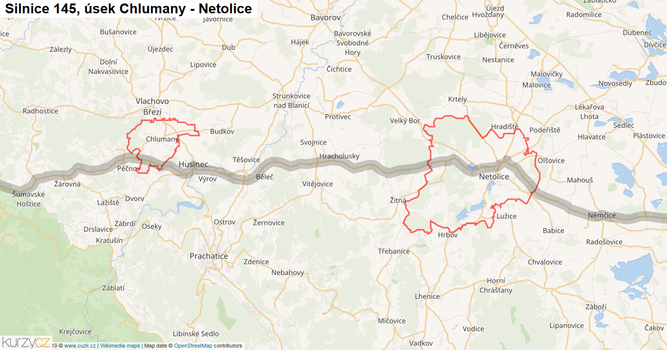 Úsek Chlumany - Netolice, Silnice 145 - Mapa