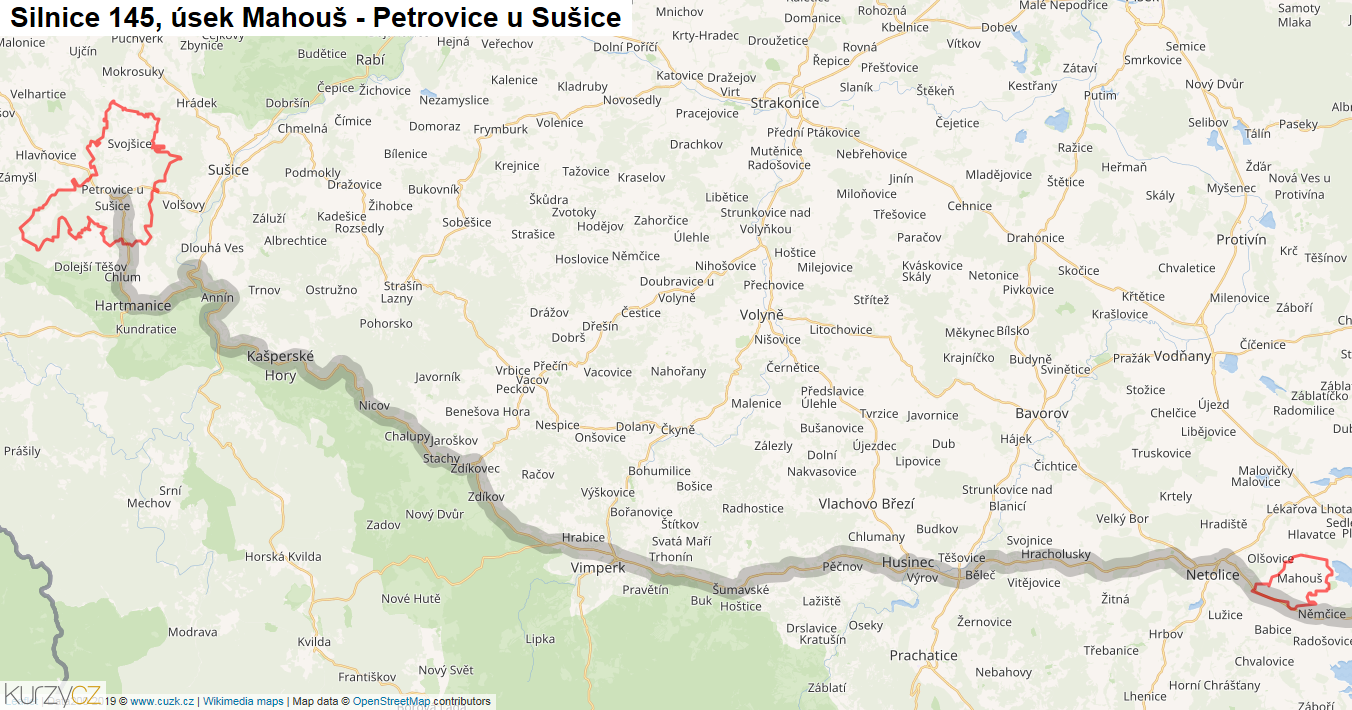 Úsek Mahouš - Petrovice u Sušice, Silnice 145 - Mapa