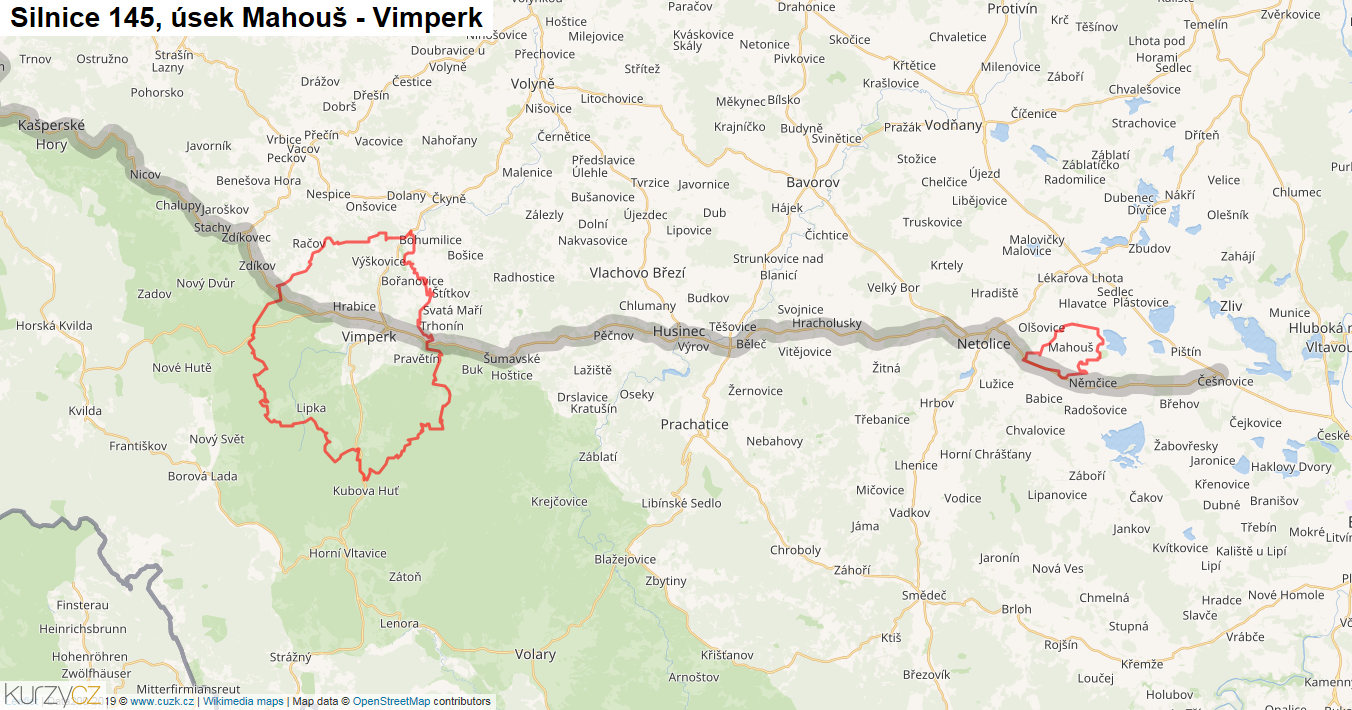 Úsek Mahouš - Vimperk, Silnice 145 - Mapa