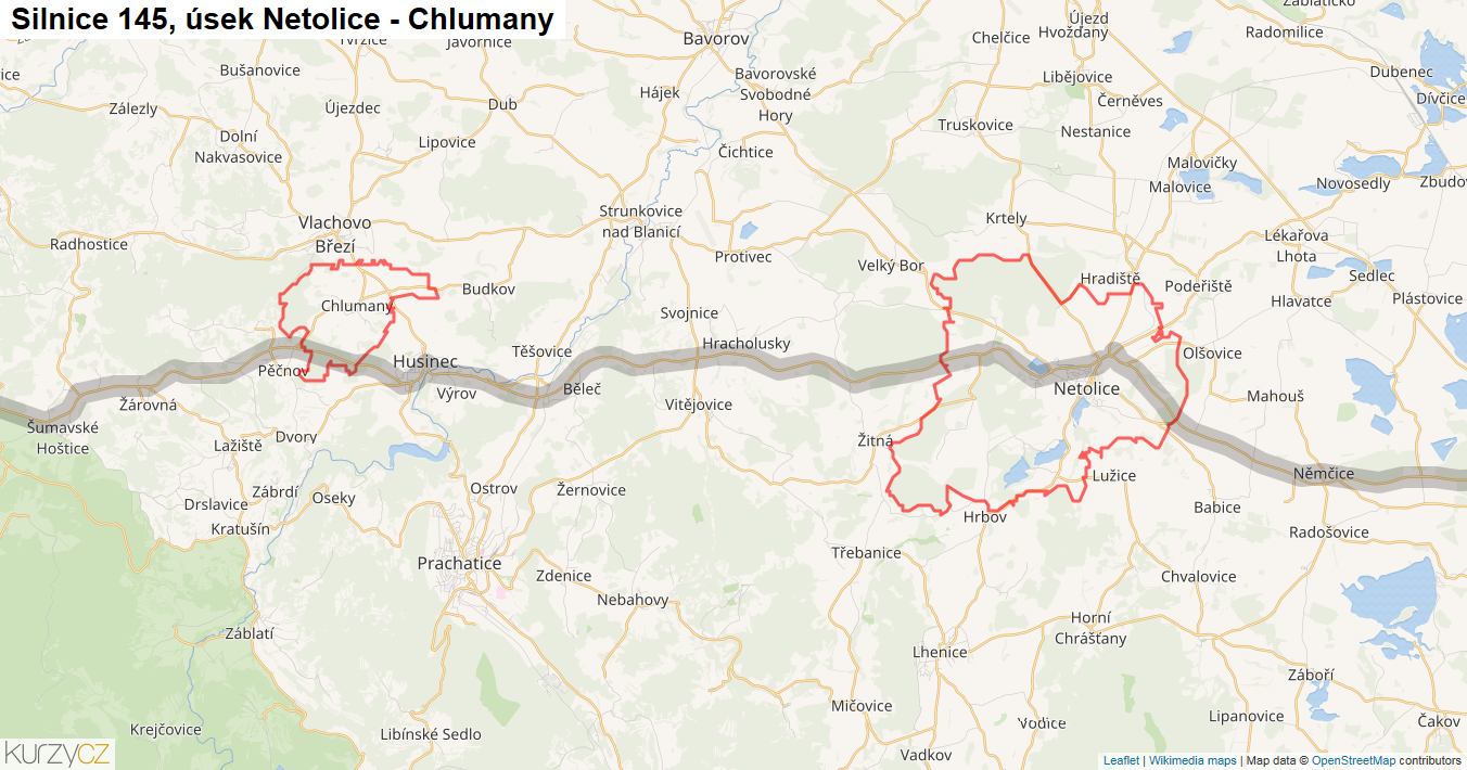 Úsek Netolice - Chlumany, Silnice 145 - Mapa