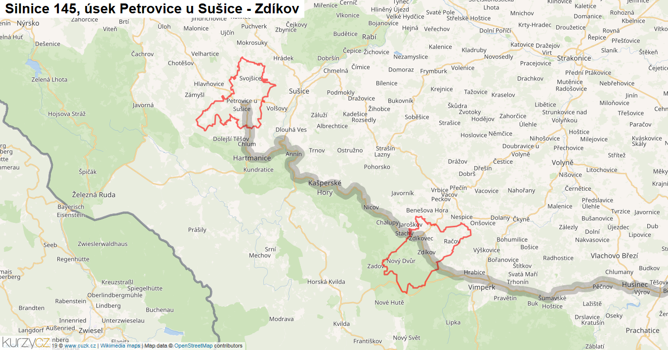 Úsek Petrovice u Sušice - Zdíkov, Silnice 145 - Mapa