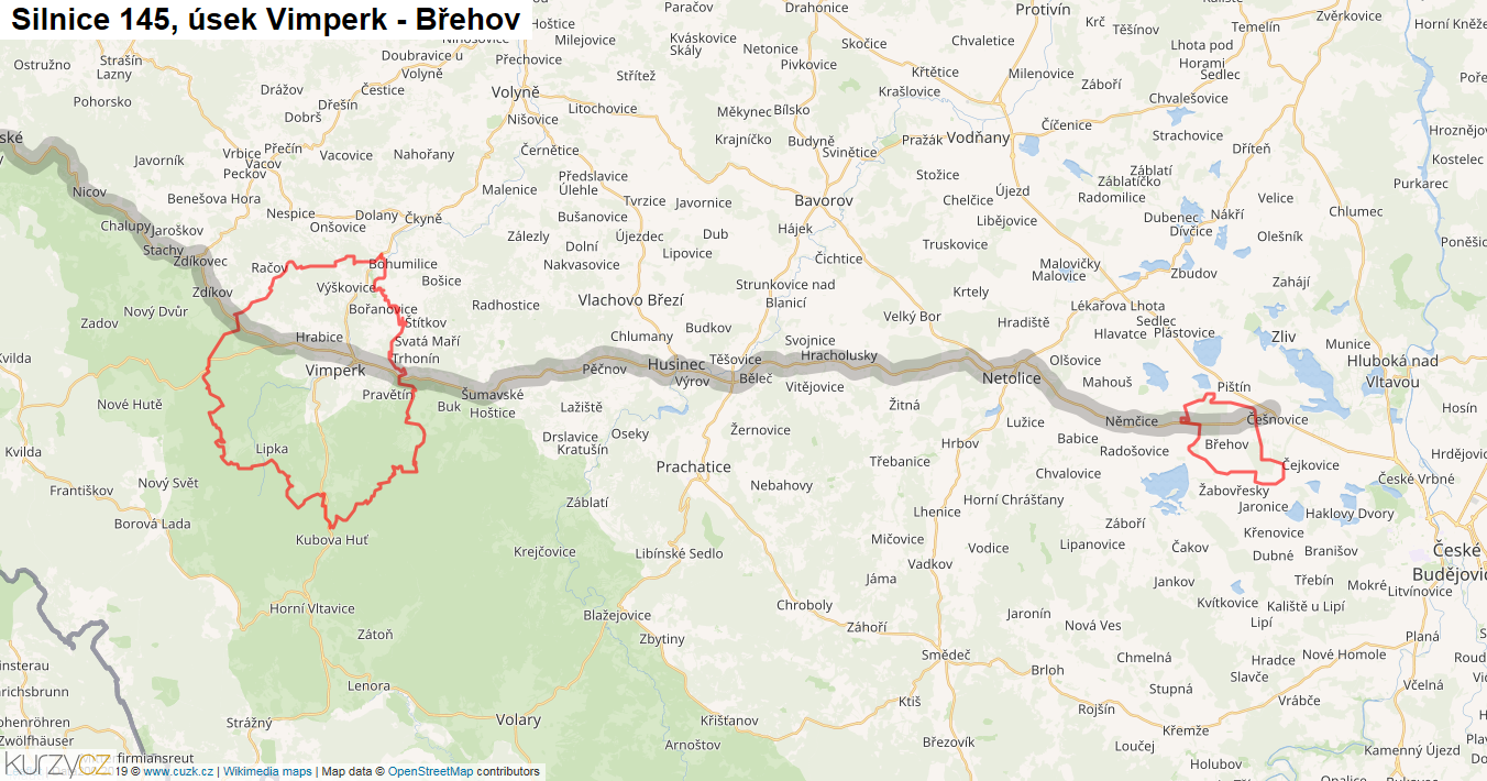Úsek Vimperk - Břehov, Silnice 145 - Mapa
