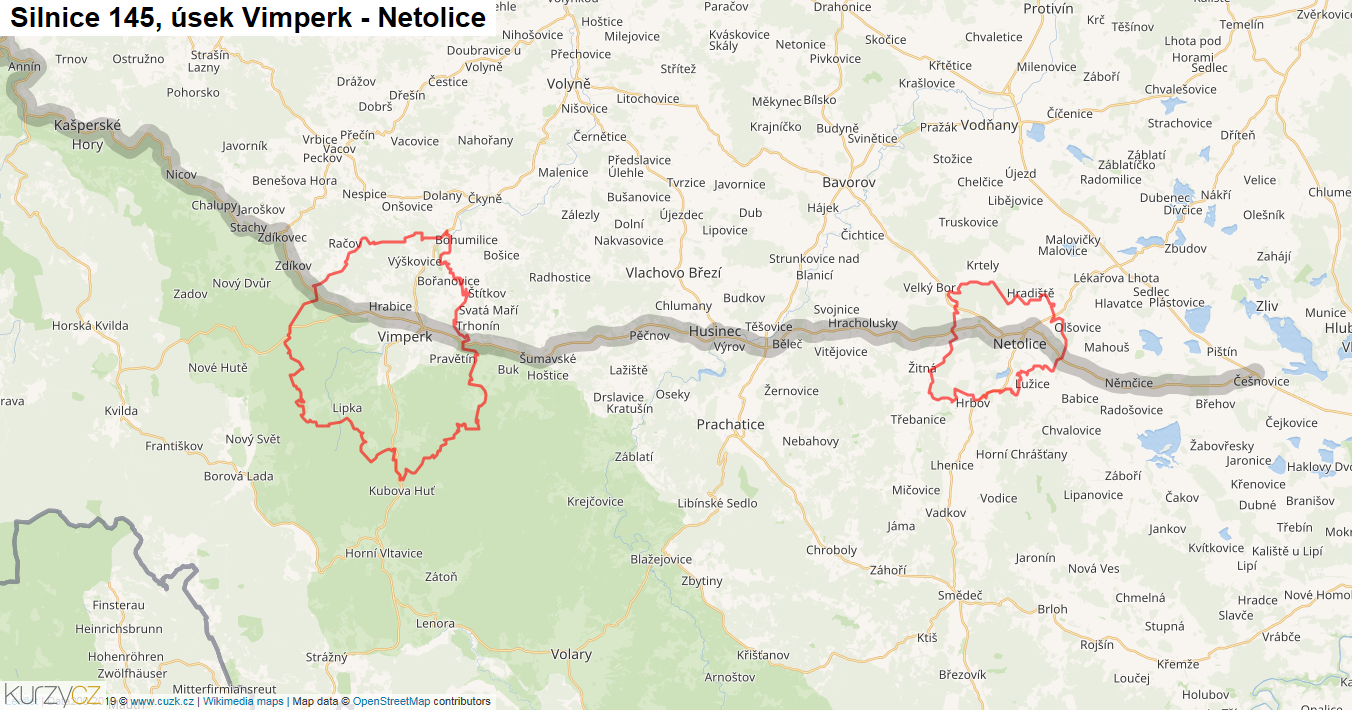Úsek Vimperk - Netolice, Silnice 145 - Mapa