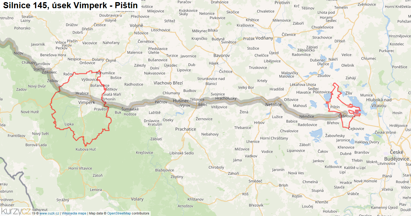 Úsek Vimperk - Pištín, Silnice 145 - Mapa
