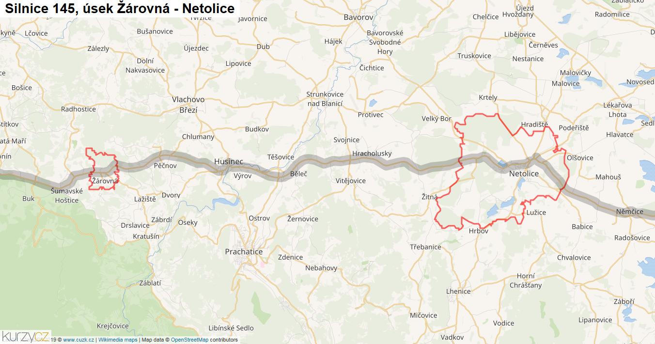 Úsek Žárovná - Netolice, Silnice 145 - Mapa