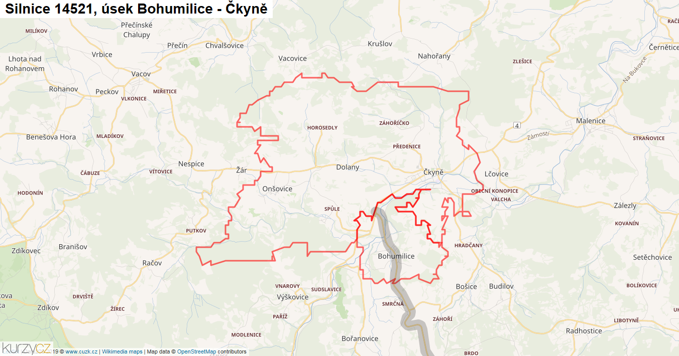 Úsek Bohumilice - Čkyně, Silnice 14521 - Mapa