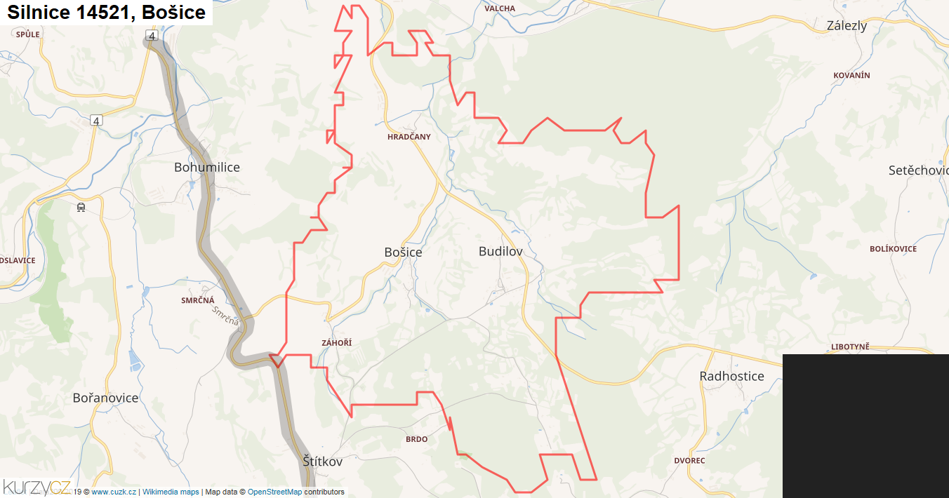 Bošice, Silnice 14521 - Mapa