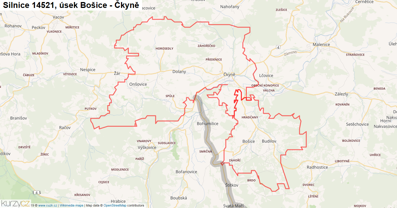Úsek Bošice - Čkyně, Silnice 14521 - Mapa
