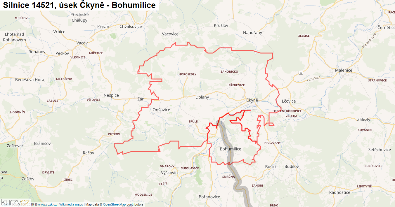 Úsek Čkyně - Bohumilice, Silnice 14521 - Mapa