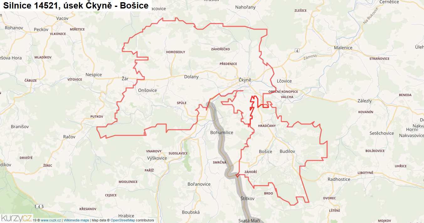 Úsek Čkyně - Bošice, Silnice 14521 - Mapa