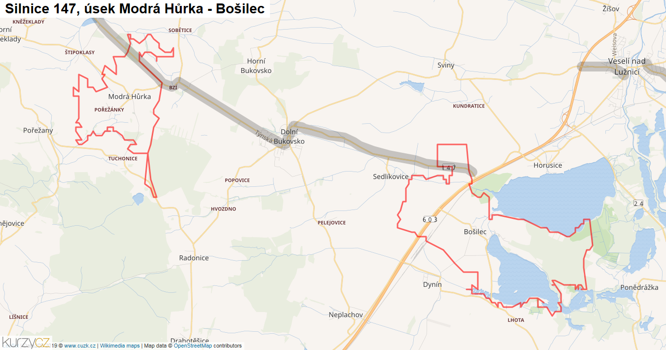 Úsek Modrá Hůrka - Bošilec, Silnice 147 - Mapa