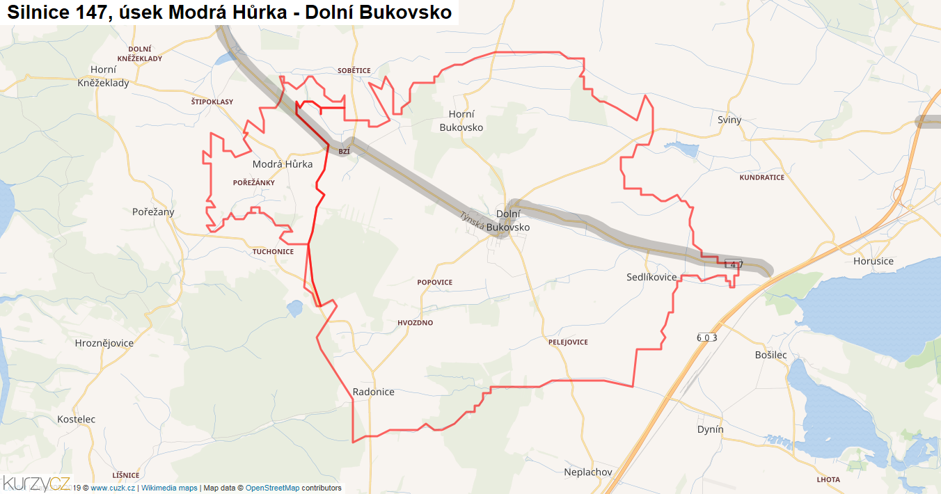 Úsek Modrá Hůrka - Dolní Bukovsko, Silnice 147 - Mapa