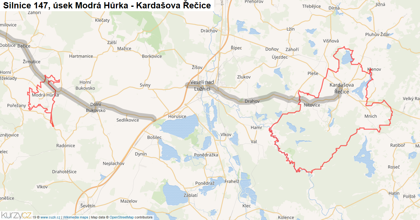 Úsek Modrá Hůrka - Kardašova Řečice, Silnice 147 - Mapa