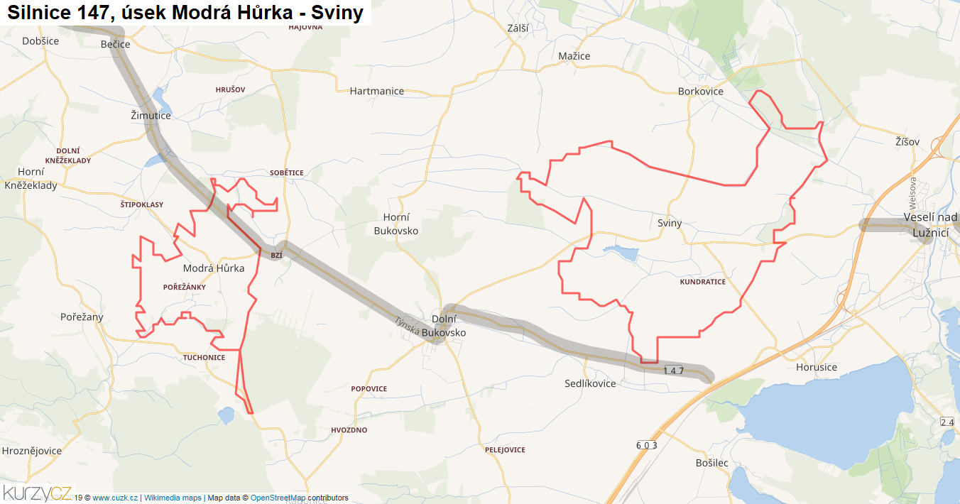 Úsek Modrá Hůrka - Sviny, Silnice 147 - Mapa