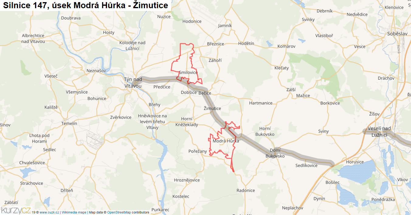 Úsek Modrá Hůrka - Žimutice, Silnice 147 - Mapa