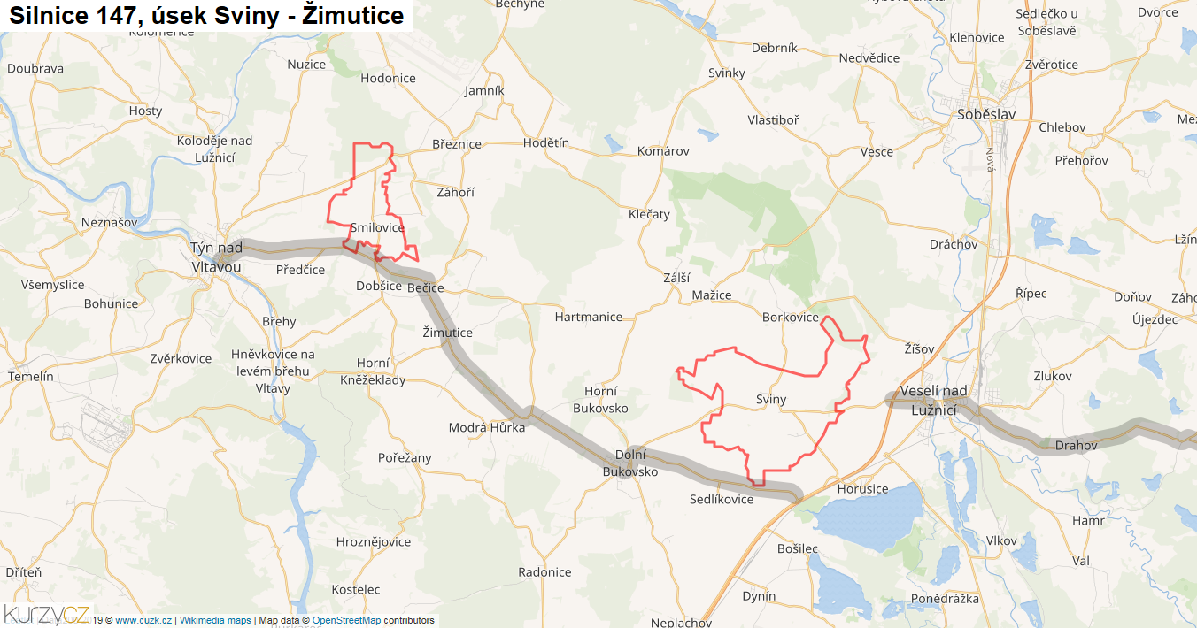Úsek Sviny - Žimutice, Silnice 147 - Mapa