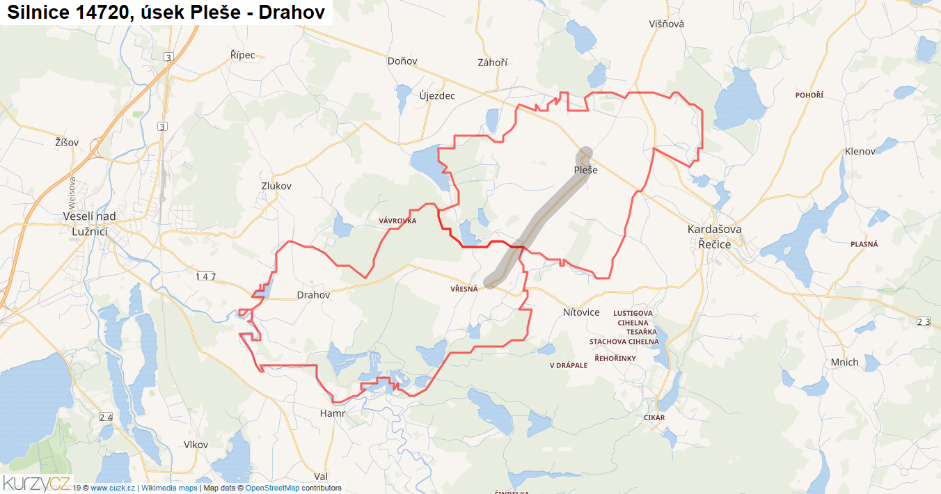 Úsek Pleše - Drahov, Silnice 14720 - Mapa