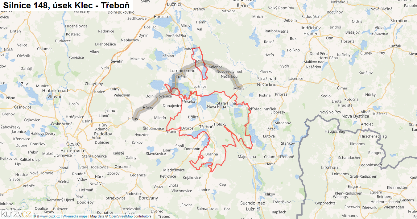 Úsek Klec - Třeboň, Silnice 148 - Mapa