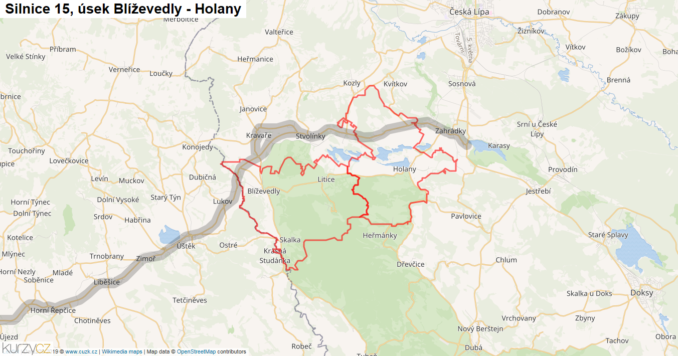 Úsek Blíževedly - Holany, Silnice 15 - Mapa