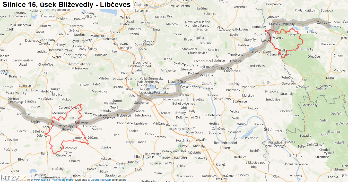 Úsek Blíževedly - Libčeves, Silnice 15 - Mapa