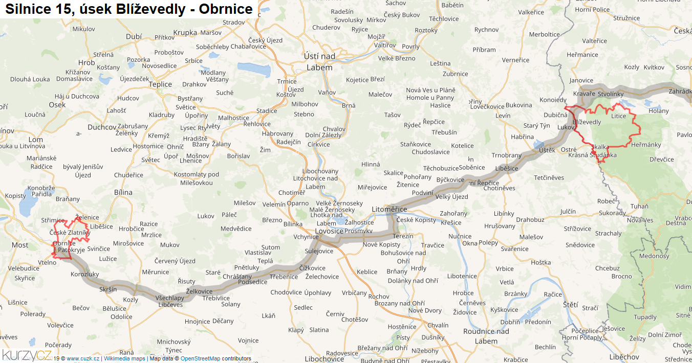 Úsek Blíževedly - Obrnice, Silnice 15 - Mapa