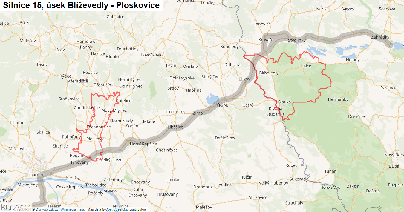 Úsek Blíževedly - Ploskovice, Silnice 15 - Mapa