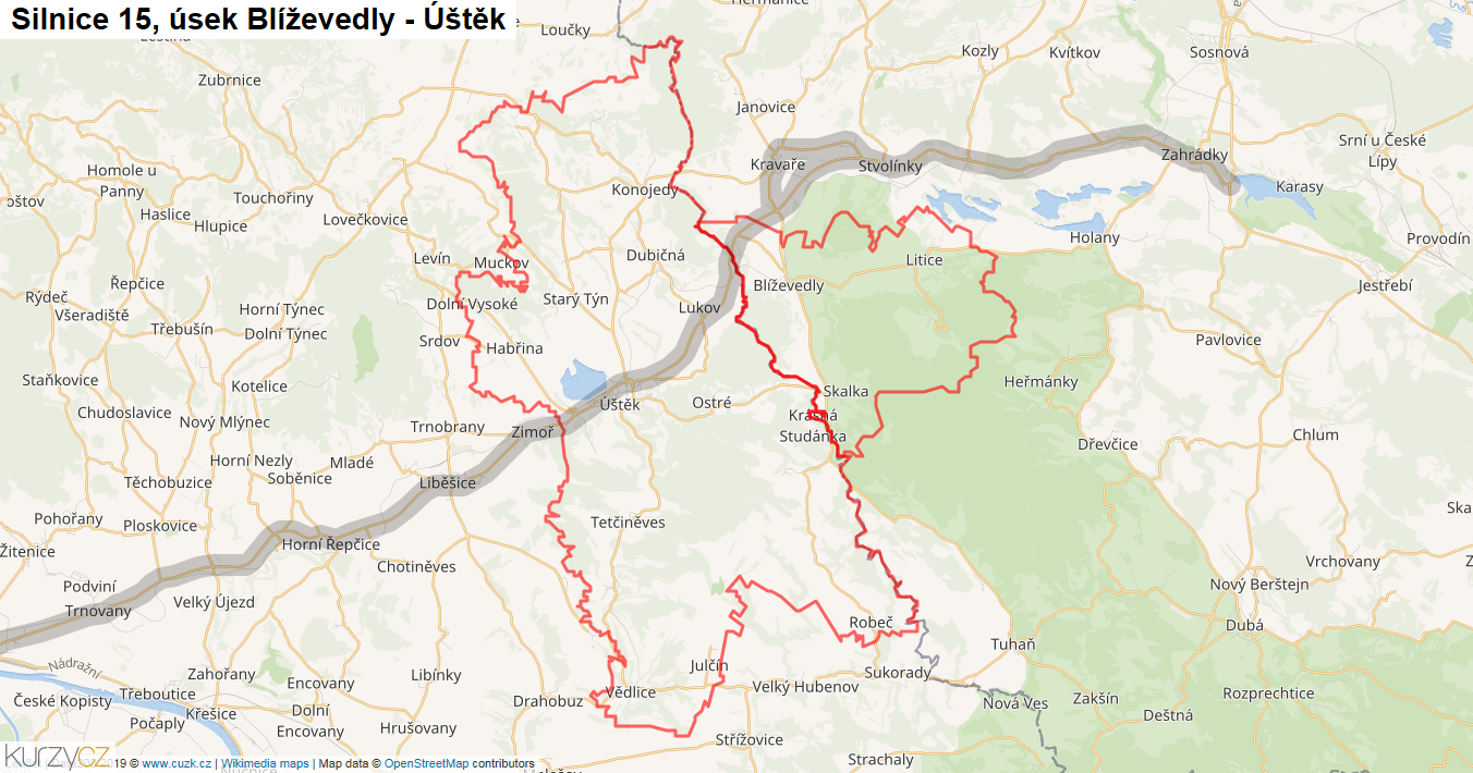 Úsek Blíževedly - Úštěk, Silnice 15 - Mapa