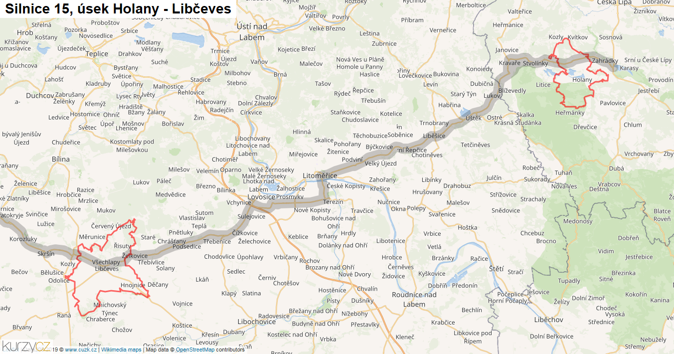 Úsek Holany - Libčeves, Silnice 15 - Mapa