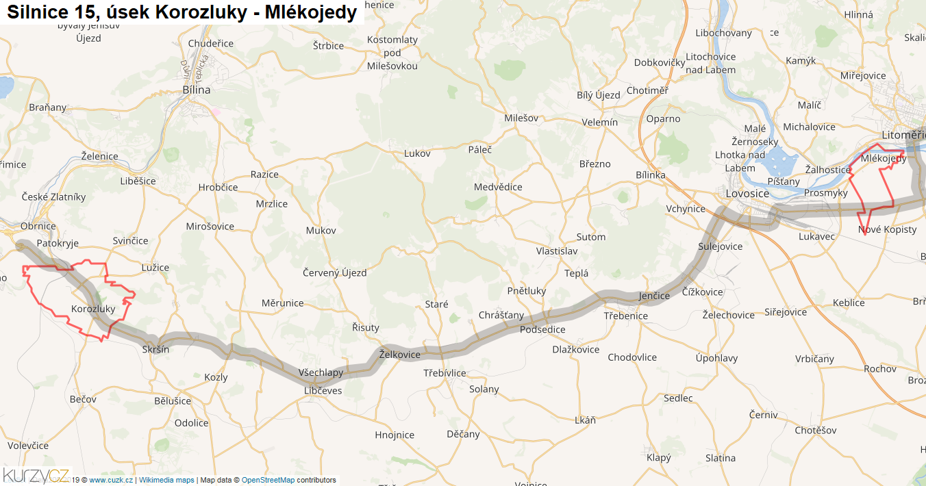Úsek Korozluky - Mlékojedy, Silnice 15 - Mapa