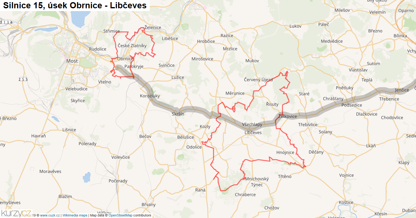 Úsek Obrnice - Libčeves, Silnice 15 - Mapa