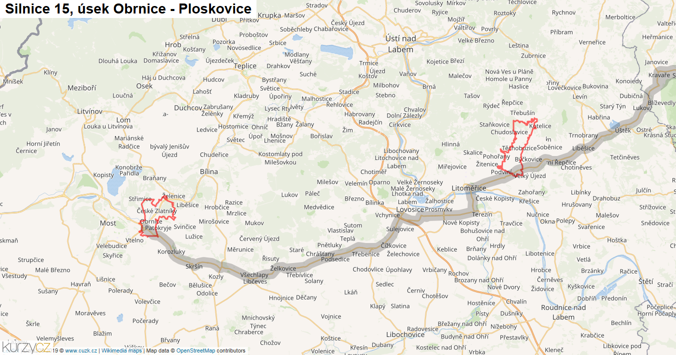 Úsek Obrnice - Ploskovice, Silnice 15 - Mapa