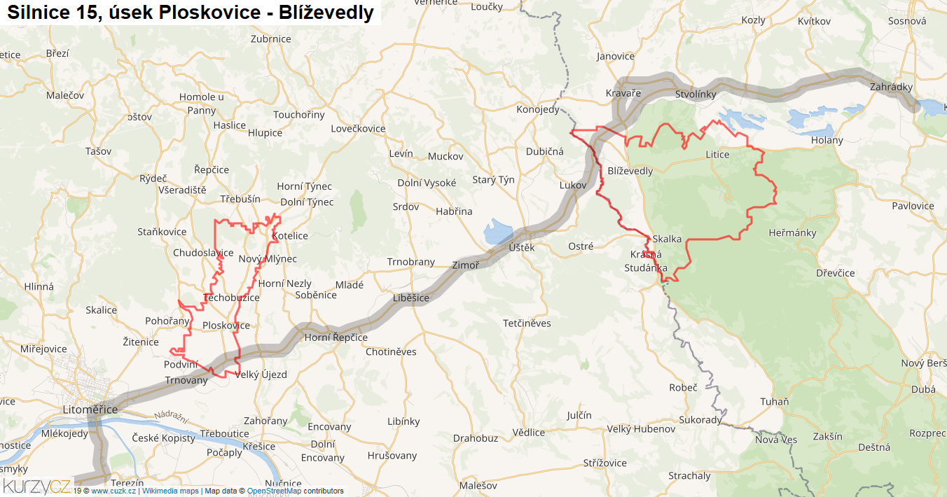 Úsek Ploskovice - Blíževedly, Silnice 15 - Mapa
