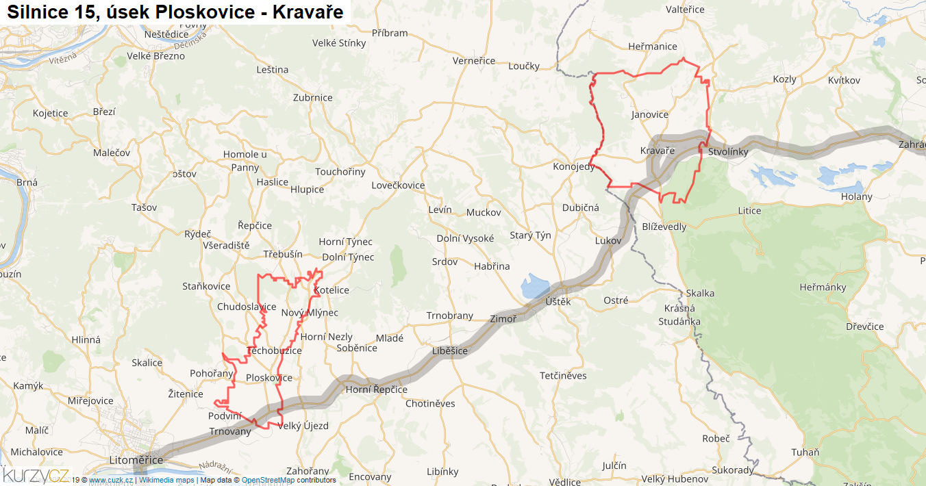 Úsek Ploskovice - Kravaře, Silnice 15 - Mapa